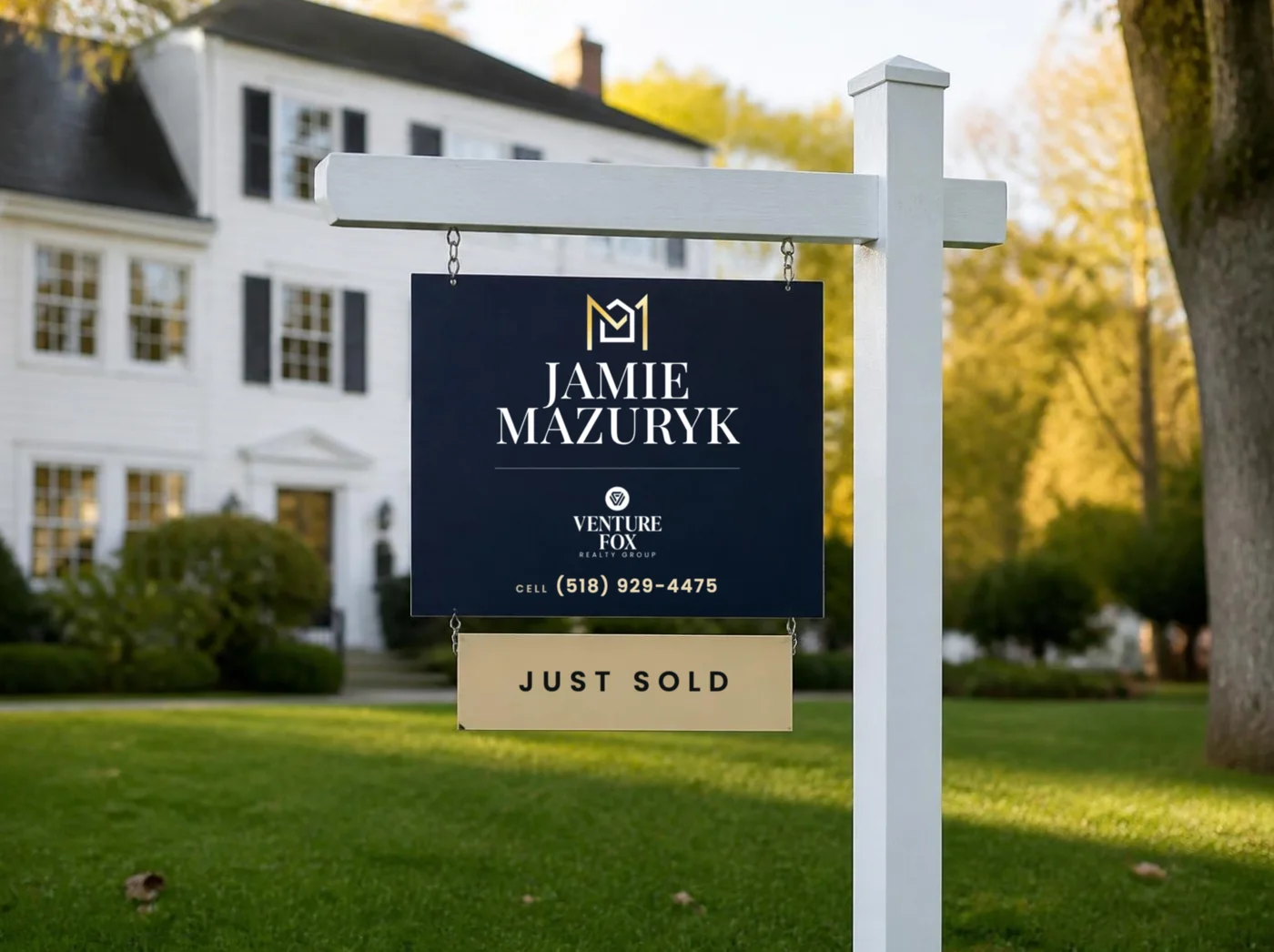 Jamie Mazuryk yard sign with the Venture Fox co-brand and a Just sold rider